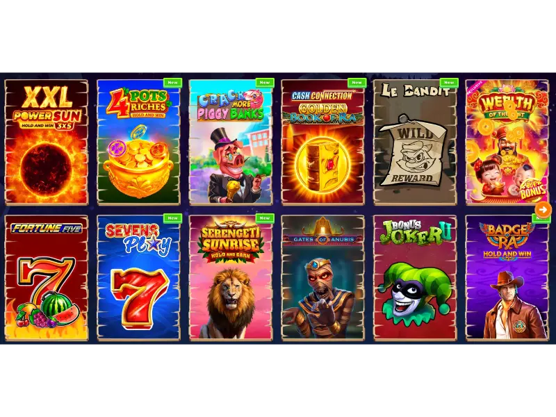 Κατηγορίες παιχνιδιών: slots, ζωντανό καζίνο, επιτραπέζια παιχνίδια